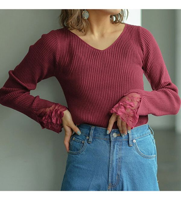 GeeRA（ジーラ）の「レース付Ｖネックリブニットトップス（ニット・セーター）」｜詳細画像