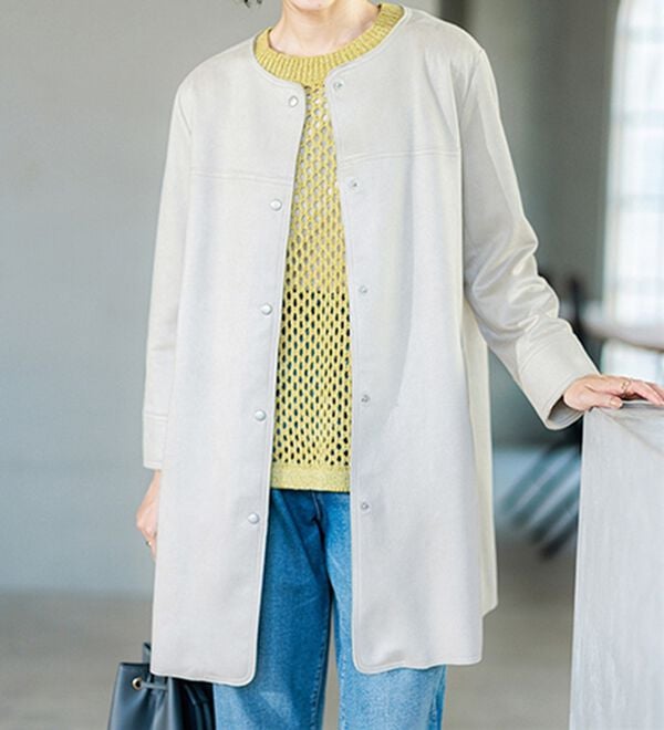 BELLUNA（ベルーナ）の「スエード調ノーカラーロング丈ジャケット（ノーカラージャケット）」｜詳細画像