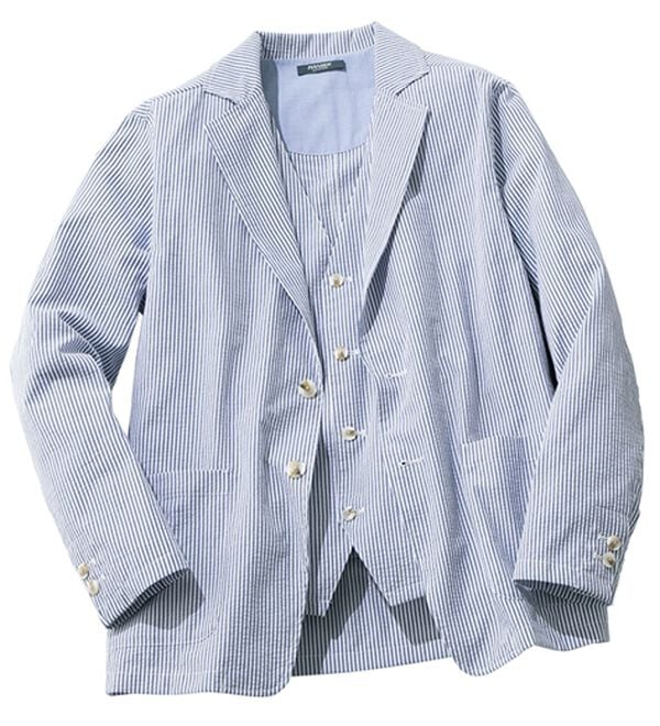 「さらっと快適！麻入りシアサッカーアンサンブル（メンズニット・セーター）」｜ホワイト&times;グレー