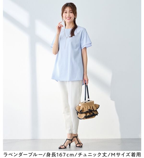 alotta（アロッタ）の「【接触冷感】＜丈が選べる＞袖口シフォンＴシャツ／チュニック（カットソー）」｜詳細画像