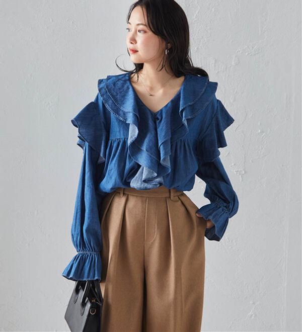 ビッグカラーフリルデニムブラウス - ベルーナ【公式】