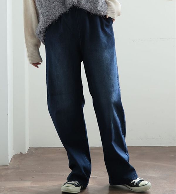 A HAPPY MARILYN（アハッピーマリリン）の「【Ｌ～８Ｌ】＜３丈から選べる＞ストレッチワイドデニム（ワイドパンツ・ガウチョ）」｜インディゴ(加工あり)
