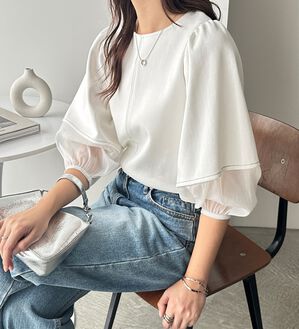 GeeRA（ジーラ）の「袖シアー切替ランタンスリーブトップス（カットソー）」｜詳細画像