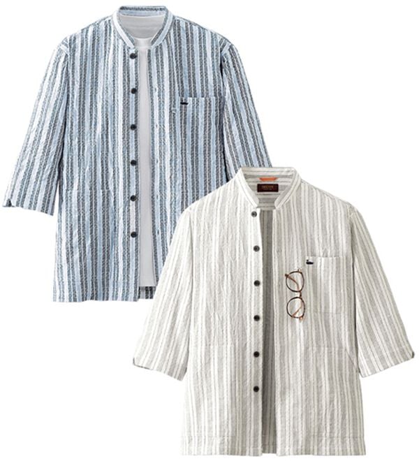 「【２色組】＜デコイ＞大人の爽快ドビー柄シャツアウター（メンズシャツ）」｜2色組