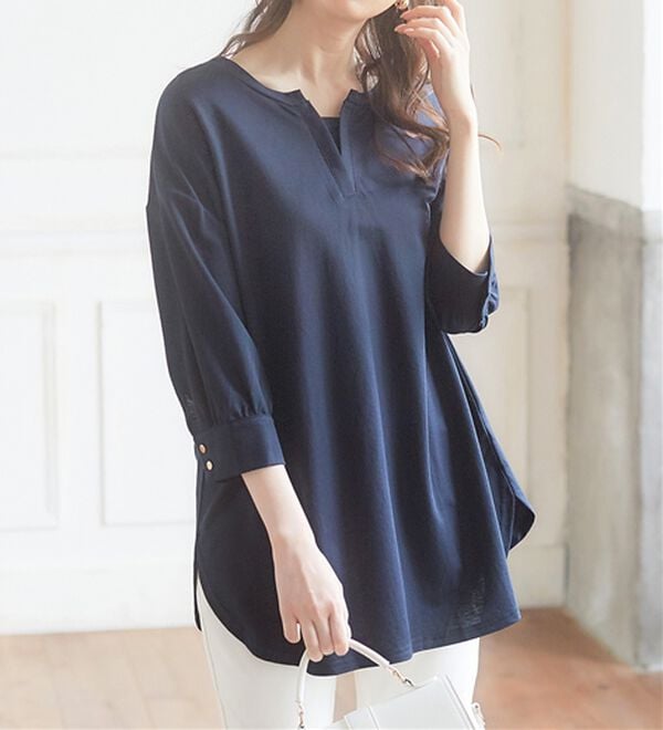 alotta（アロッタ）の「【接触冷感】６分袖衿フェイク裾ラウンドチュニック（チュニック）」｜詳細画像