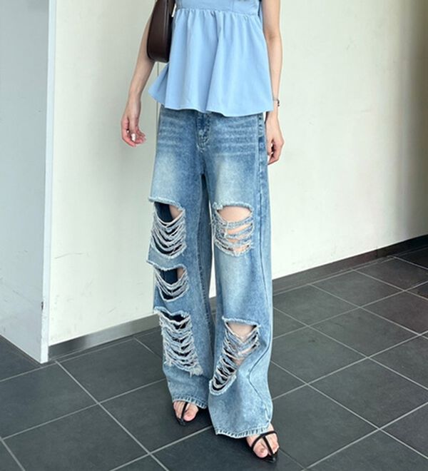 GeeRA（ジーラ）の「オリジナルパットダメージワイドデニム（ワイドパンツ・ガウチョ）」｜詳細画像