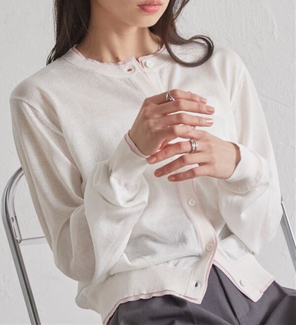 RANAN（ラナン）の「レイヤード風バイカラーシアーカーデ（ニットカーディガン）」｜詳細画像