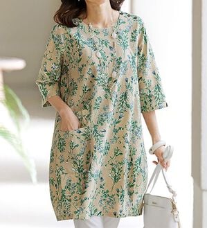 麻綿肩ボタンデザイン花柄プリントチュニック - ベルーナ【公式】