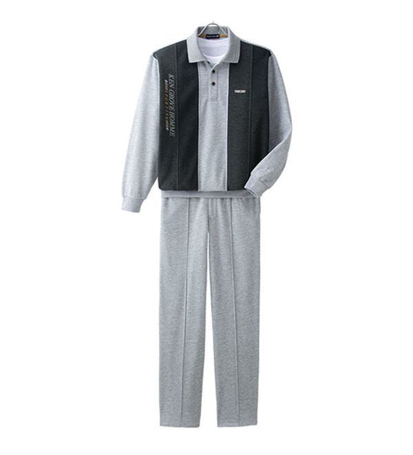 「【２着組】異素材切替ポロ衿ホームスーツ（メンズルームウェア）」｜詳細画像