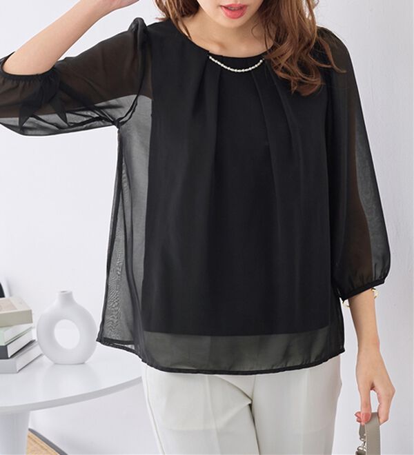 alotta（アロッタ）の「【５つの機能付】ひんやり！アクセ付シフォンタックブラウス（ブラウス）」｜詳細画像