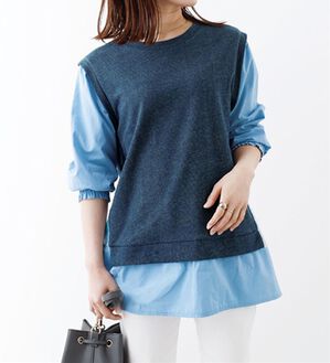 BELLUNA（ベルーナ）の「デニム調シャツフェイクプルオーバー（カットソー）」｜ネイビー系