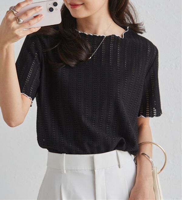 RANAN（ラナン）の「透かし柄メロー配色Ｔシャツ（カットソー）」｜詳細画像