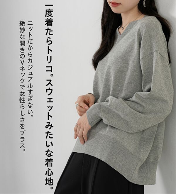 BELLUNA（ベルーナ）の「【快適Ｌａｂ．】スウェットライクＶネックニットプルオーバー（ニット・セーター）」｜詳細画像
