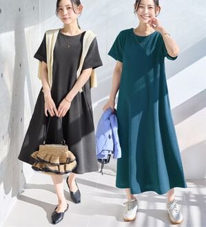 「ひんやり＆シワになりにくい　丈が選べる！エンボス素材Ａラインワンピース（カットソーワンピース）」｜詳細画像