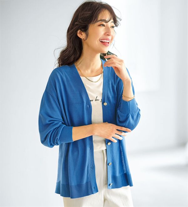 BELLUNA（ベルーナ）の「【快適Ｌａｂ．】シャリ冷！洗える多機能ニットカーディガン（ニットカーディガン）」｜ブルー
