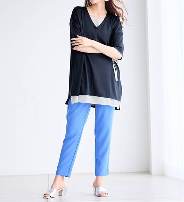 RANAN（ラナン）の「レイヤード風ニットソー半袖チュニック（チュニック）」｜詳細画像