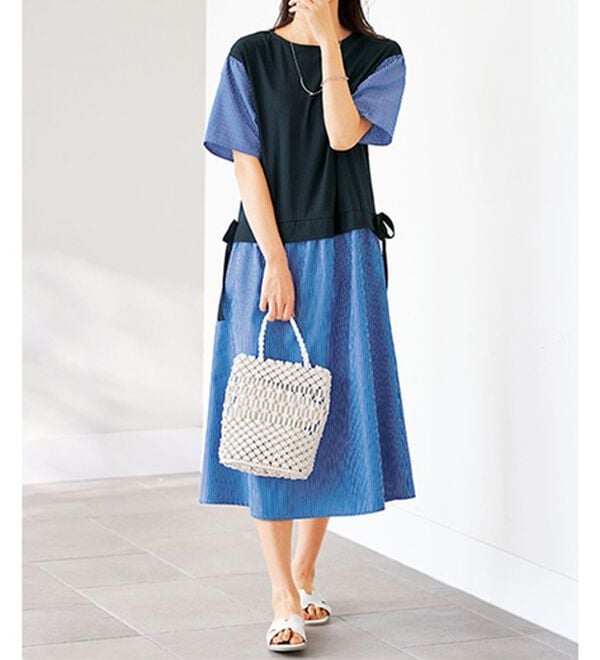 BELLUNA（ベルーナ）の「秒映え！異素材切替サイドリボン使いワンピース（ドッキングワンピース）」｜詳細画像