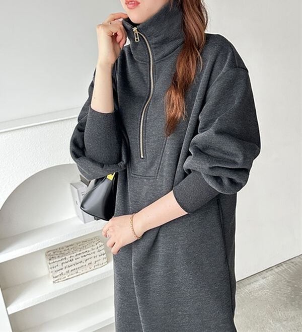 GeeRA（ジーラ）の「ハーフジップハイネック裏起毛ワンピース（カットソーワンピース）」｜詳細画像