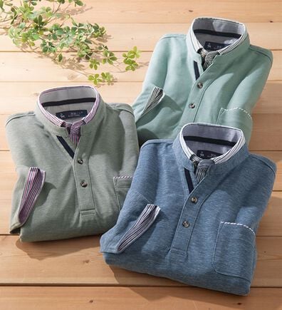 「カルビア　麻入り７分袖ダブル衿ポロ（メンズポロシャツ）」