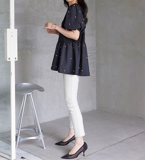 RANAN（ラナン）の「ひんやり！パール調ビーズ使いボリューム袖プルオーバー（カットソー）」｜詳細画像