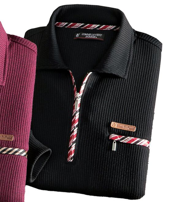 「＜コムルヴァン・オム＞着心地快適ミックス調ジップアップポロ（メンズポロシャツ）」｜ブラック