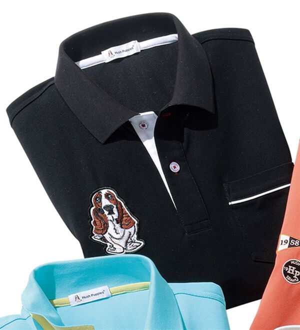 「＜ハッシュパピー＞ワッペン付配色ポロシャツ（メンズポロシャツ）」｜ブラック