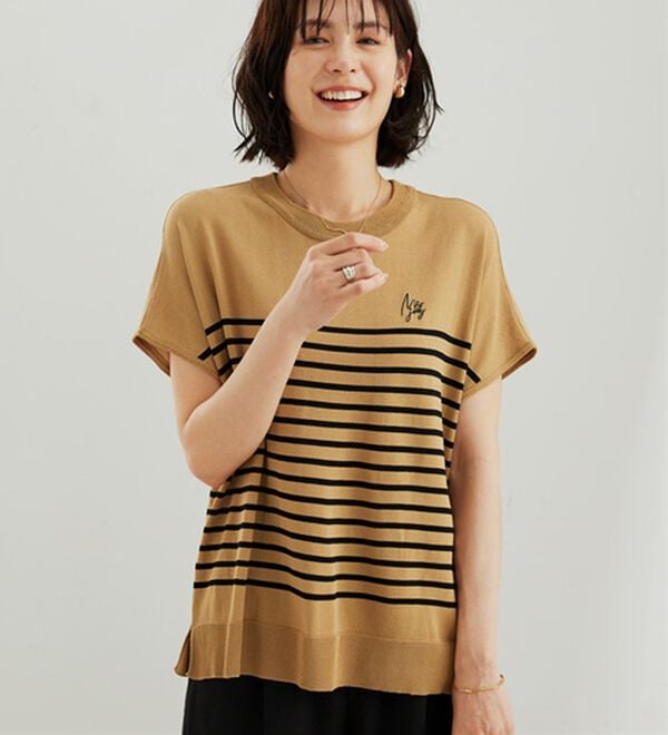 BELLUNA（ベルーナ）の「【快適Ｌａｂ．】シャリ冷！洗える多機能フレンチ袖ニットＴシャツ（ニット・セーター）」｜詳細画像