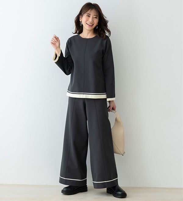 BELLUNA（ベルーナ）の「配色ライン使いニットワイドパンツ（ワイドパンツ・ガウチョ）」｜詳細画像