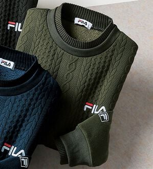 「＜フィラ＞ニット使いフクレジャカードトレーナー（メンズトレーナー）」｜カーキ