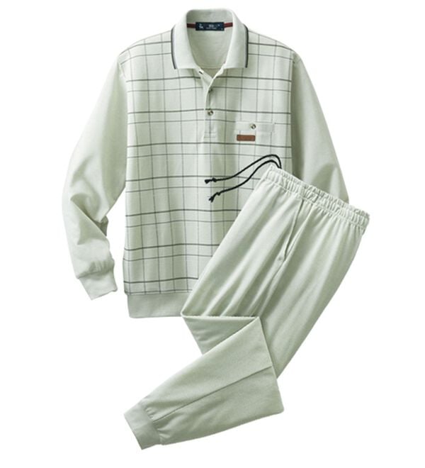 「【２着組】＜カルビア＞柄違い紳士のリラックスポロ衿ホームスーツ（メンズルームウェア）」｜詳細画像