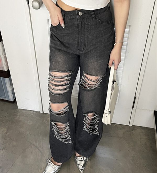 GeeRA（ジーラ）の「オリジナルパットダメージワイドデニム（ワイドパンツ・ガウチョ）」｜詳細画像