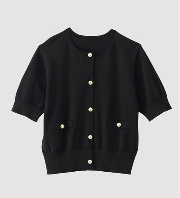 RANAN（ラナン）の「ゴールド調ボタン5分袖ニットカーデ（ニットカーディガン）」｜詳細画像