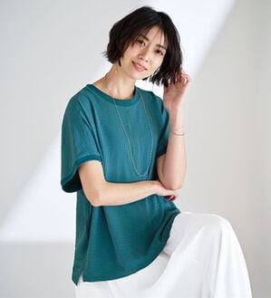 BELLUNA（ベルーナ）の「ビンテージ調素材リブ使いゆったりブラウス（ブラウス）」｜ターコイズ