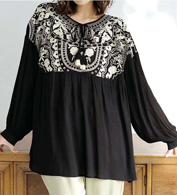 RANAN（ラナン）の「楊柳刺しゅうブラウス（ブラウス）」｜ブラック