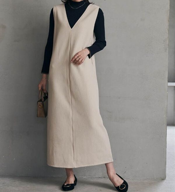 RANAN（ラナン）の「あったか裏ベロアニットコールジャンパースカート（ジャンパースカート）」｜ベージュ