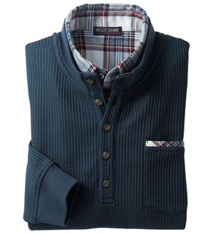 「ワッフルダブル衿トレーナー（メンズトレーナー）」｜ネイビー