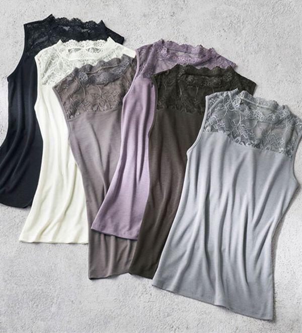YU'NOW（ユナウ）の「【吸湿発熱】【抗菌防臭】ハイネックレースノースリーブインナー（肌着・インナーウェア）」｜詳細画像