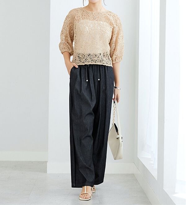 GeeRA（ジーラ）の「【接触冷感】穿いて感激！キレイ見えする楽ちんワイドデニムパンツ（ワイドパンツ・ガウチョ）」｜詳細画像