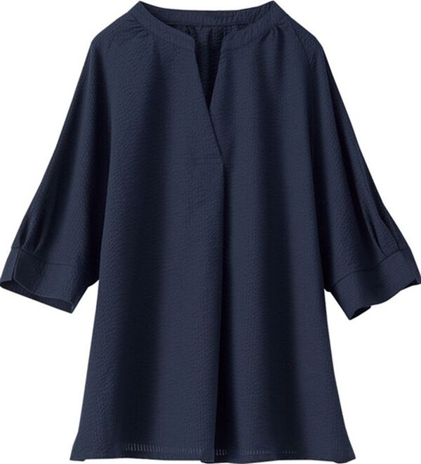 BELLUNA（ベルーナ）の「サッカー素材スキッパーブラウス（ブラウス）」｜ネイビー