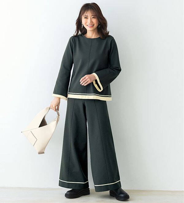 BELLUNA（ベルーナ）の「配色ライン使いニットワイドパンツ（ワイドパンツ・ガウチョ）」｜詳細画像
