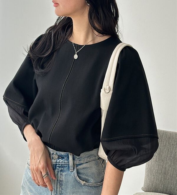 GeeRA（ジーラ）の「袖シアー切替ランタンスリーブトップス（カットソー）」｜詳細画像