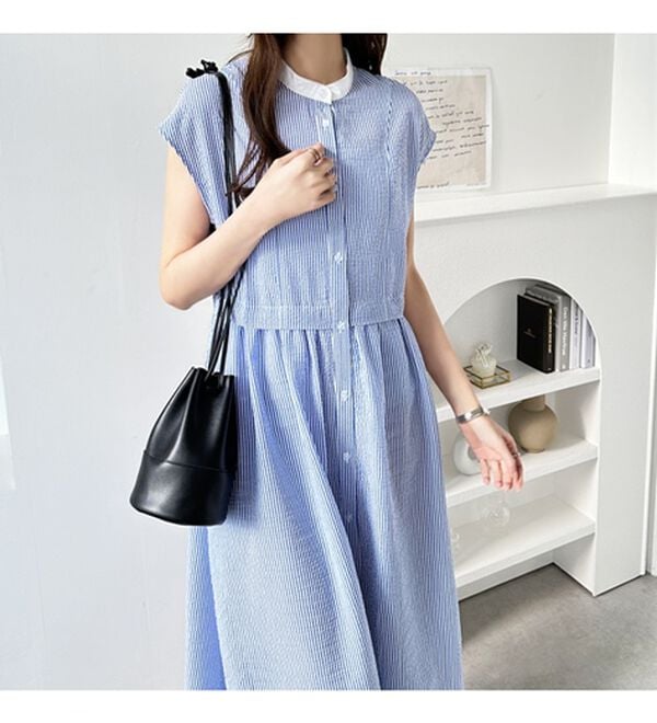 GeeRA（ジーラ）の「クレリック配色ウエストギャザーシャツワンピ―ス（シャツワンピース）」｜詳細画像