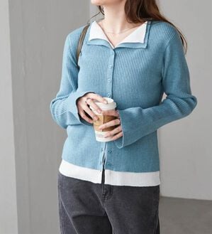 RANAN（ラナン）の「レイヤード配色ニットカーディガン（ニットカーディガン）」｜ブルー／オフホワイト