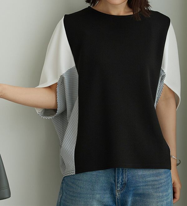 BELLUNA（ベルーナ）の「ストライプ配色切替ドルマンプルオーバー（カットソー）」｜詳細画像