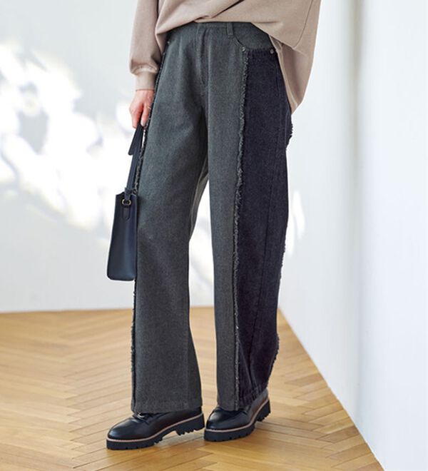 BELLUNA（ベルーナ）の「細見せ！フリンジデニムパンツ（フルレングスパンツ）」｜グレー