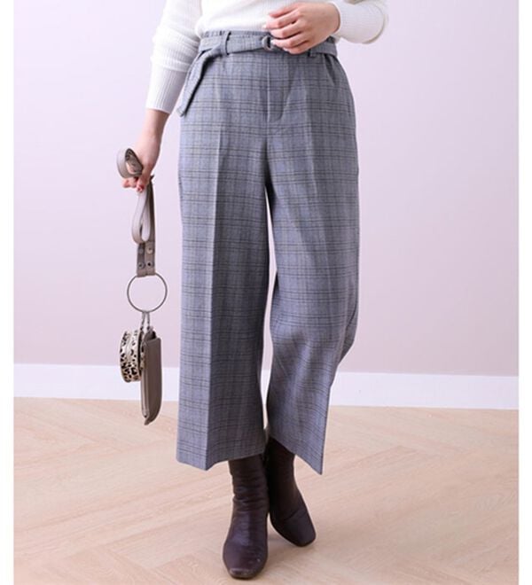 BELLUNA（ベルーナ）の「ストレッチ素材ベルト付ワイドパンツ（ワイドパンツ・ガウチョ）」｜グレンチェック