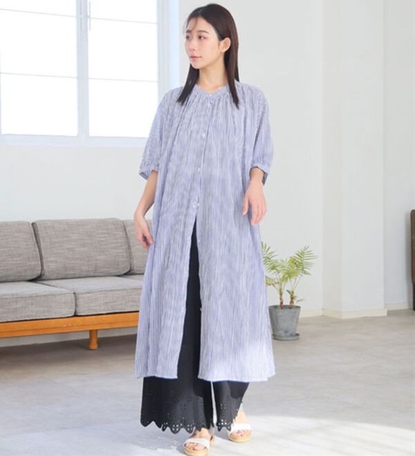 A HAPPY MARILYN（アハッピーマリリン）の「【Ｌ～６Ｌ】【風通るプレミアム】綿１００％ 楊柳 五分袖 ギャザーたっぷりワンピース（カットソーワンピース）」｜詳細画像