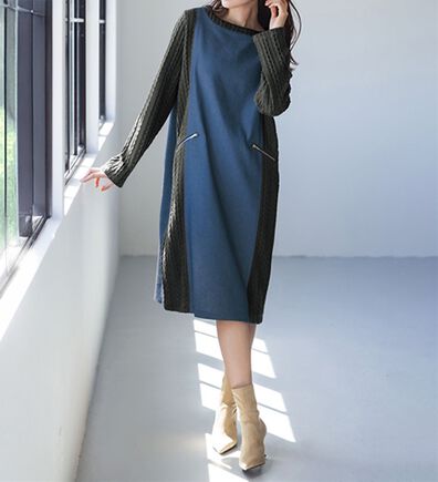 RANAN（ラナン）の「ニットソードッキングデニムワンピース（ドッキングワンピース）」