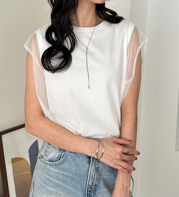 GeeRA（ジーラ）の「チュールカバーフレンチスリーブカットソー（カットソー）」｜詳細画像