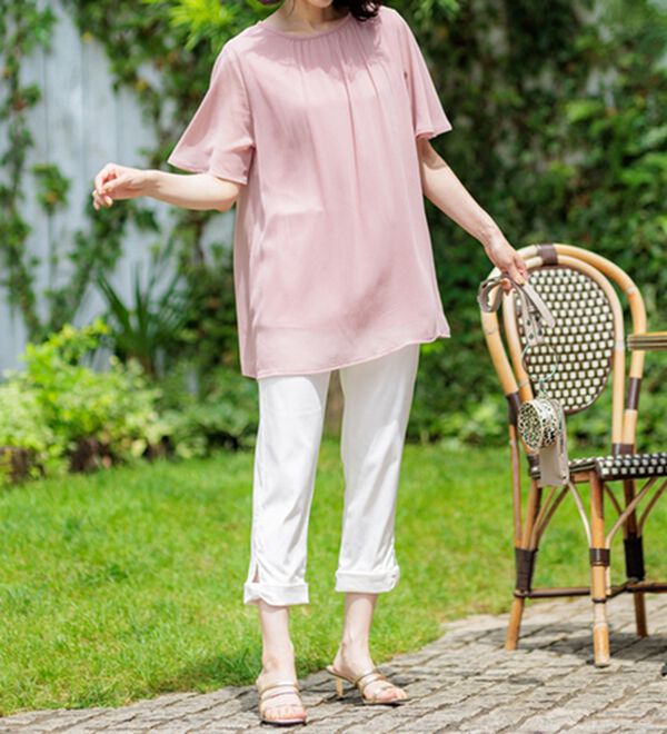 BELLUNA（ベルーナ）の「ヒンヤリ&times;サラリ速乾！綿サテンストレッチ裾リボンクロップドパンツ（クロップドパンツ）」｜詳細画像